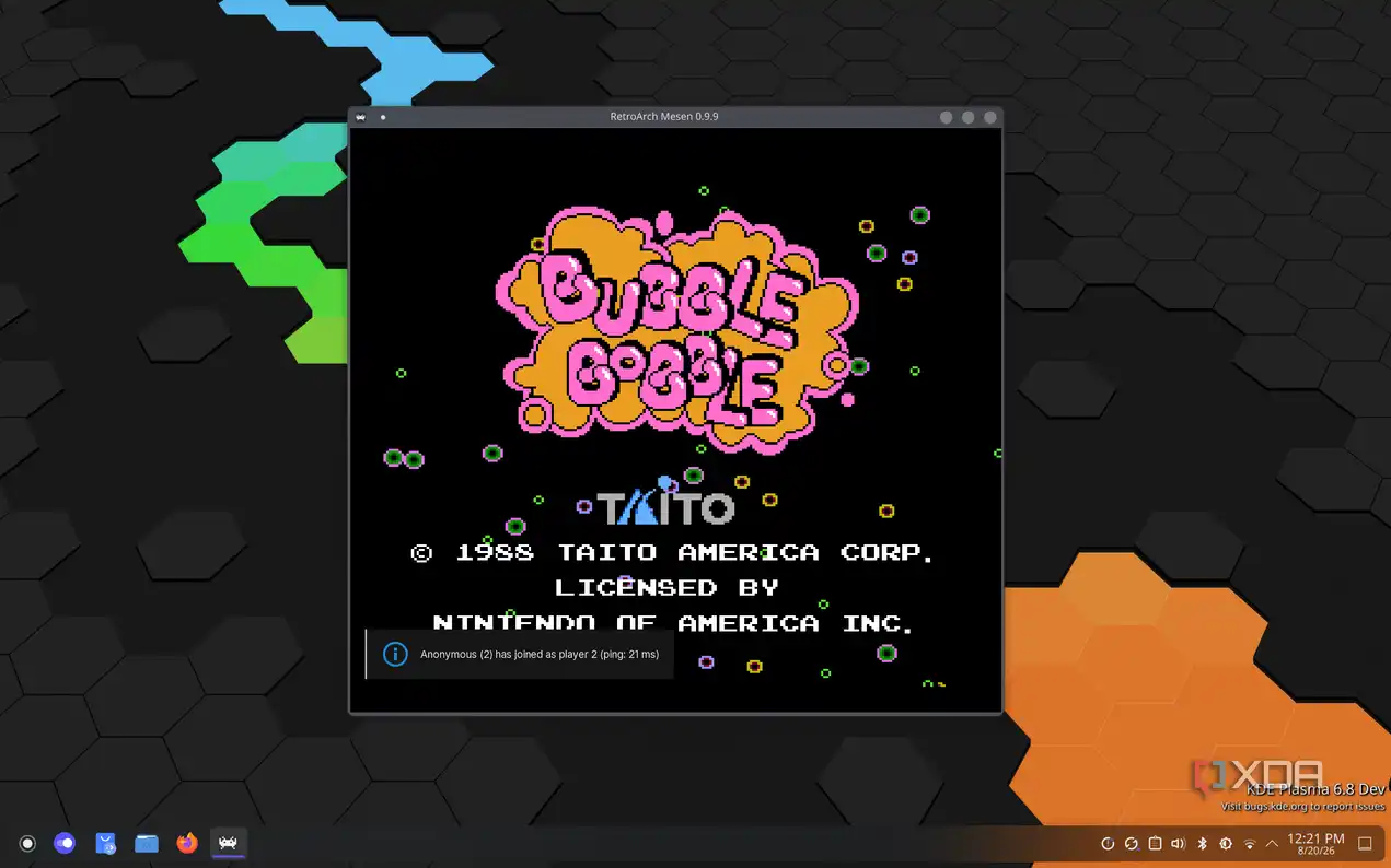 Screenshot of RetroArch running Bubble Bobble for the NES. A small pop-up indicates that another player has joined the Netplay session