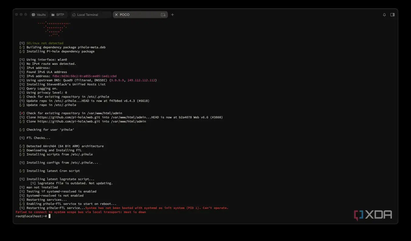 Pi-hole installing successfully, then failing to start FTL without systemd