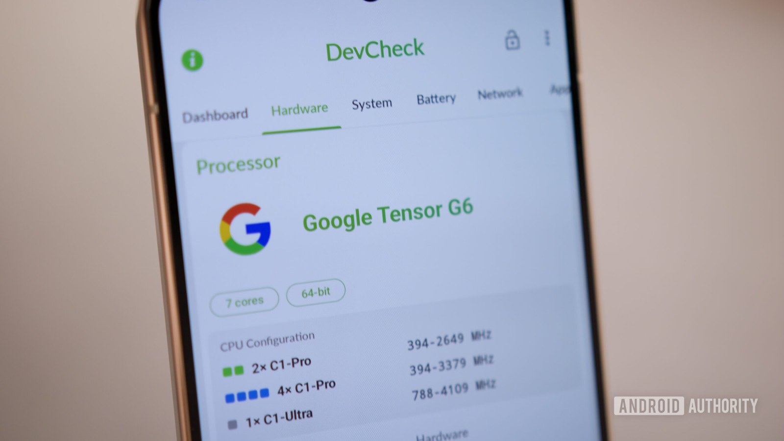 DevCheck app showing Tensor G6 information on the Google Pixel 11 Pro XL.