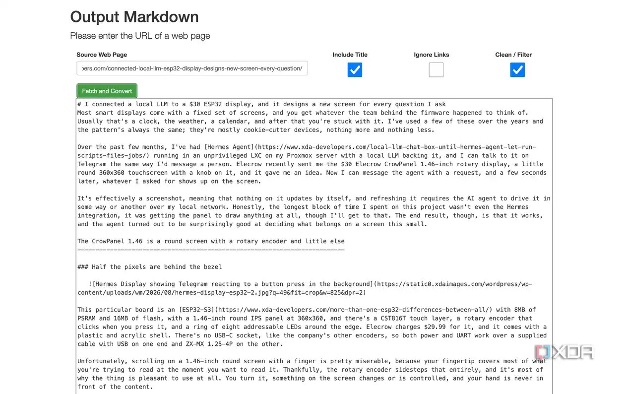 Output Markdown tool showing converted markdown text of XDA ESP32 LLM display article