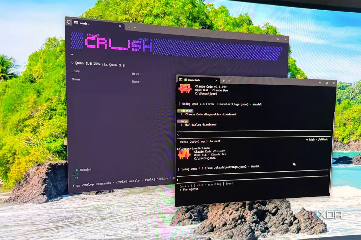 crush using qwen 3.6 and claude code using opus in two terminal windows