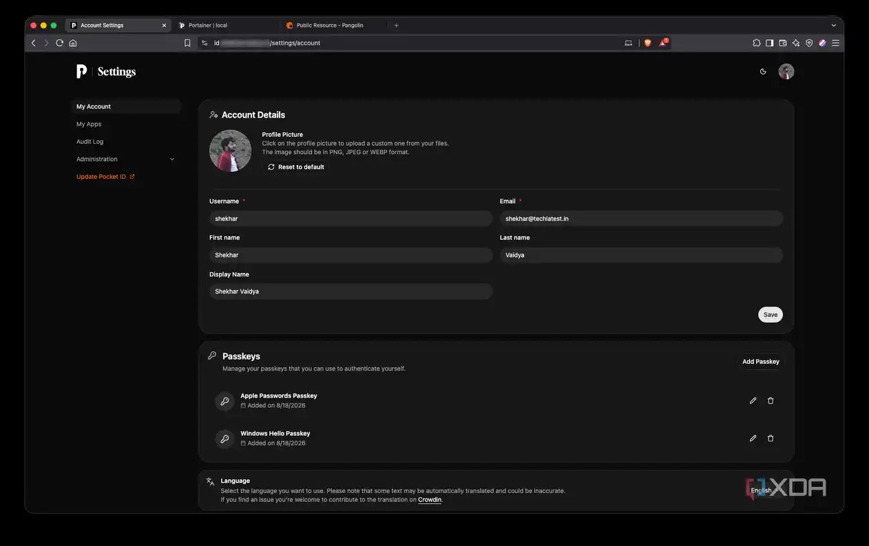Pocket ID account settings showing two registered passkeys and account details