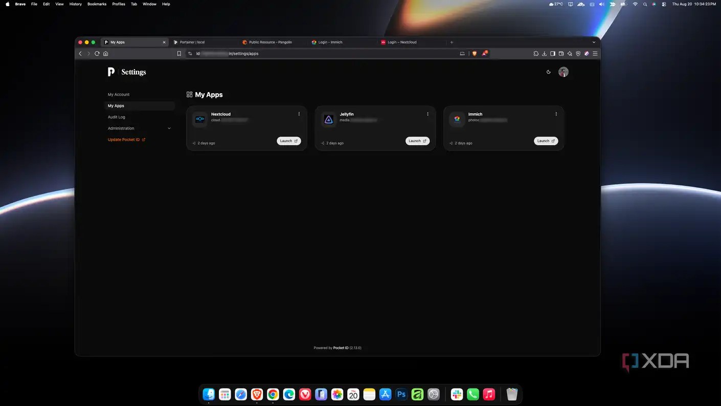 Pocket ID My Apps page listing Nextcloud, Jellyfin, and Immich as connected applications