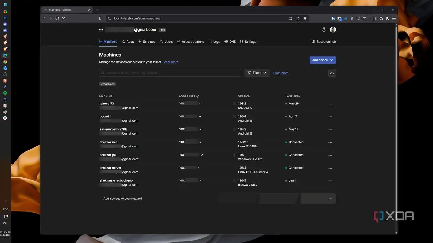 Tailscale admin console machines page showing all devices connected to the tailnet