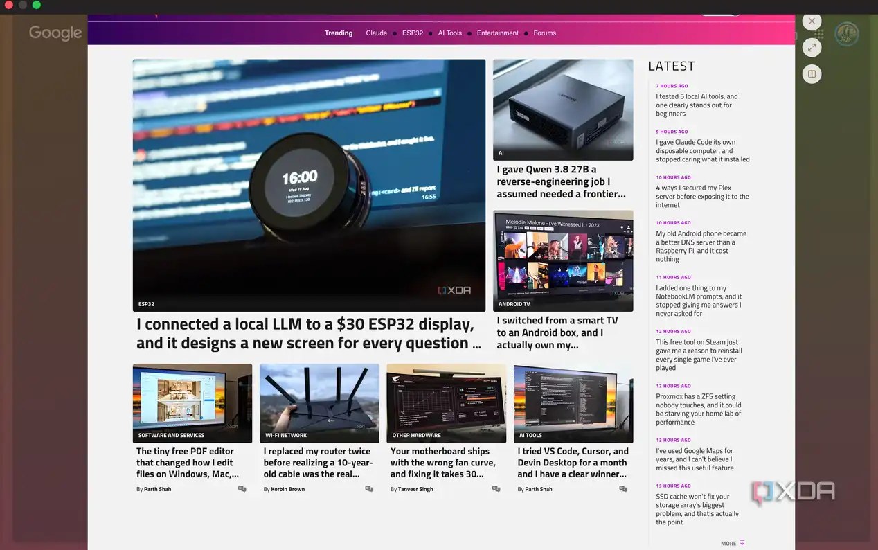 Glance panel showing XDA Developers trending articles