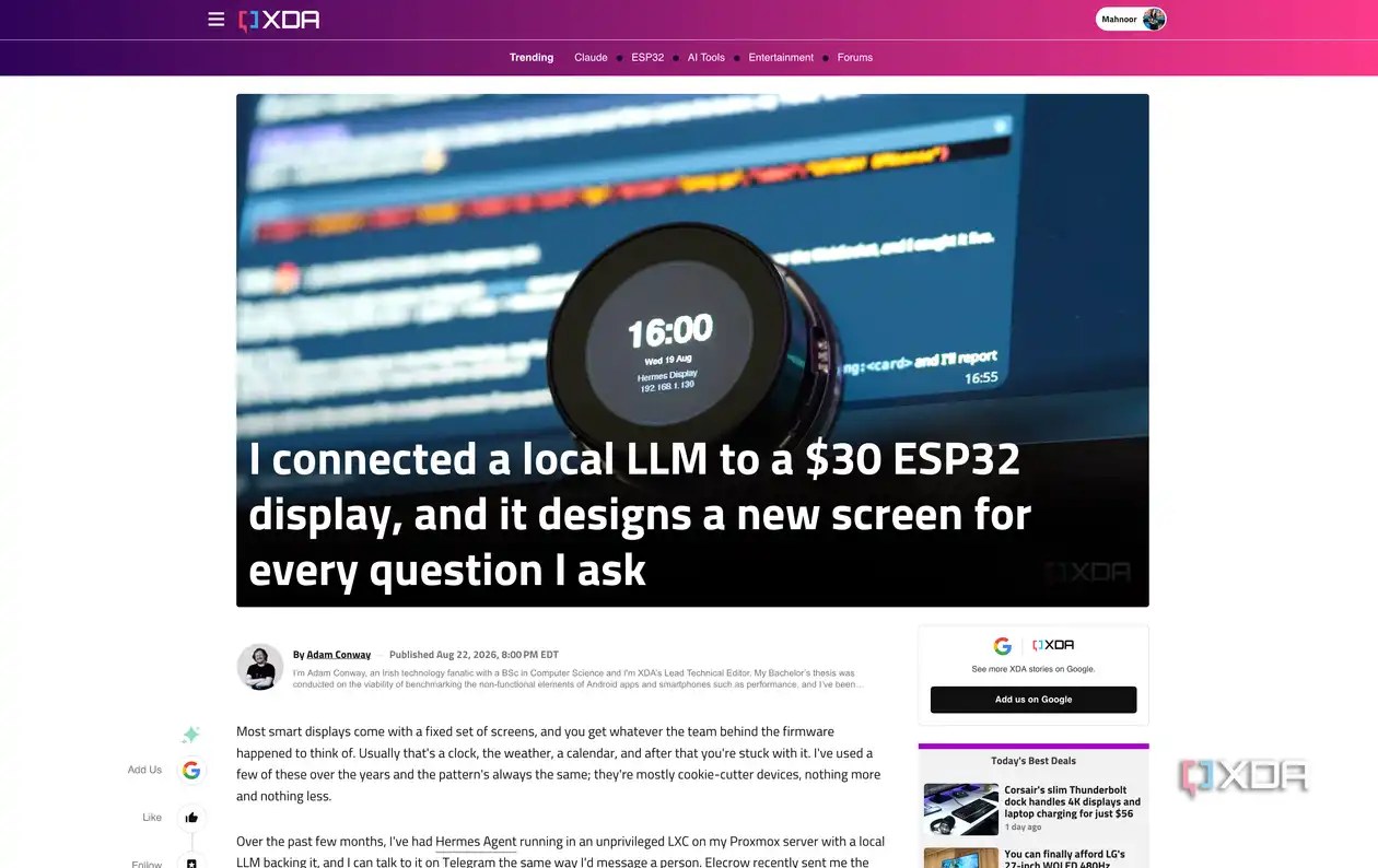 XDA article I connected a local LLM to a $30 ESP32 display, with a round smartwatch-like display showing time on desk