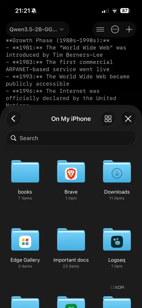 noema iPhone files picker with books Brave Downloads Edge Gallery important docs Logseq folders