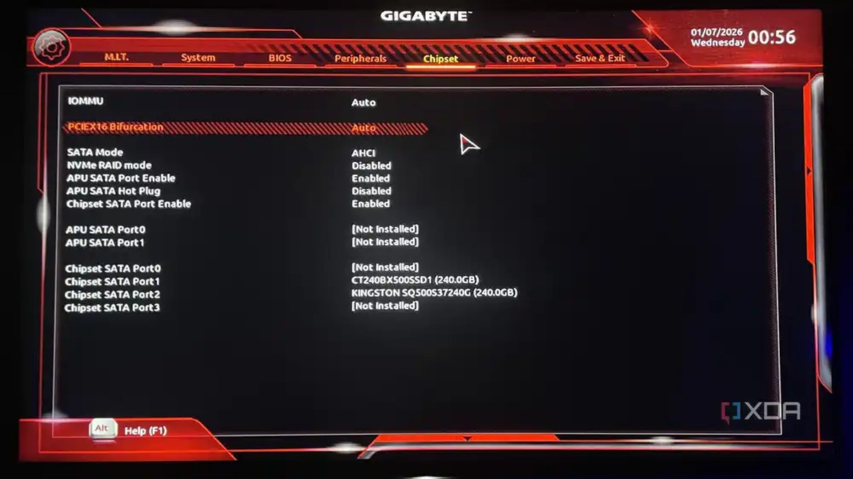 An image from Gigabyte BIOS settings indicating where to find PCIE Bifurcation settings.