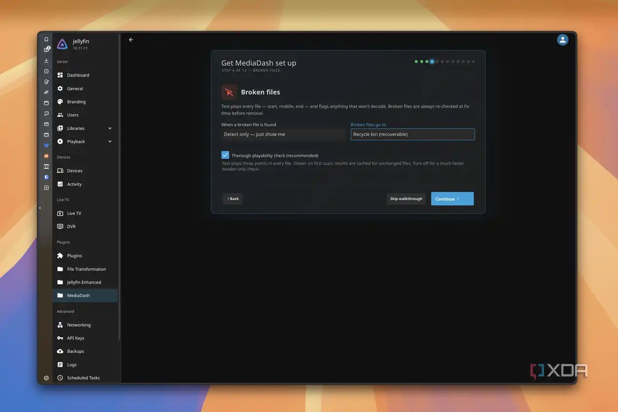 Screenshot of the Mediadash walkthrough showing settings for flagging broken files