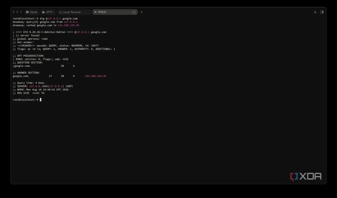 dig command returning a real DNS answer, confirming Pi-hole was resolving queries