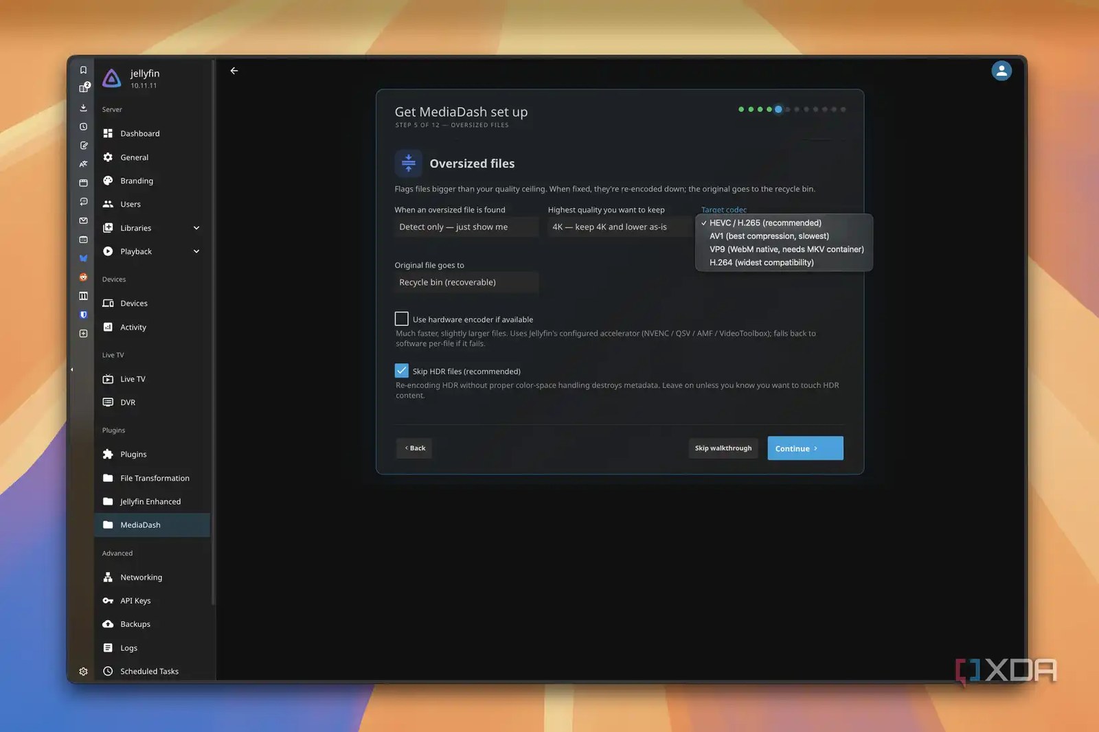 Screenshot of the MediaDash walkthrough showing options for handling oversized files