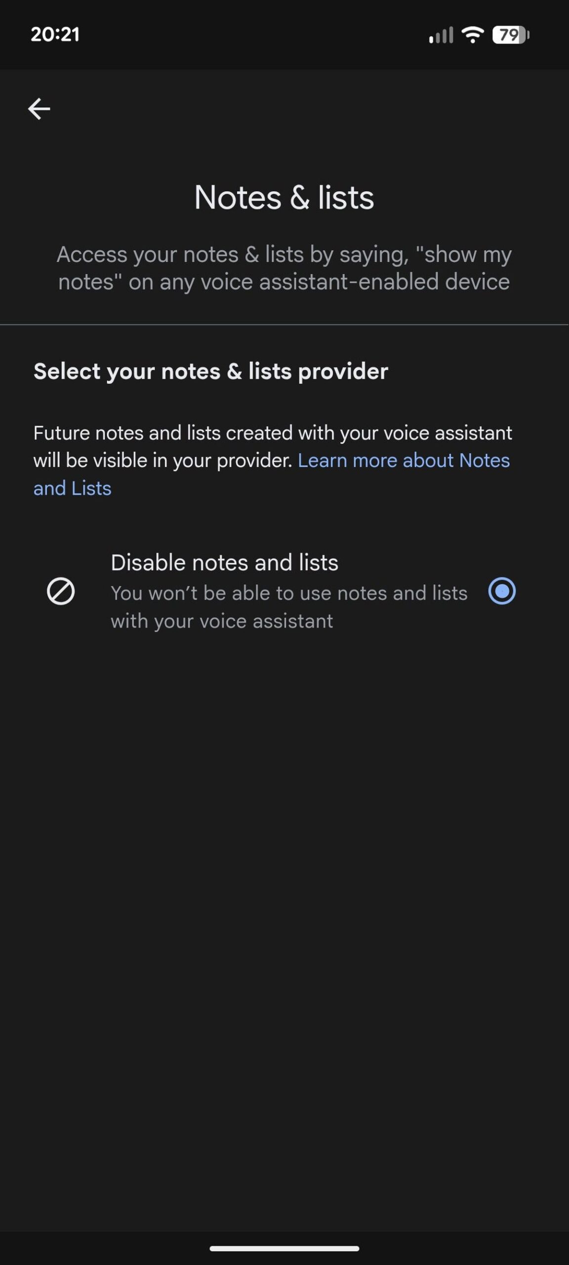 A screenshot of the Google Home app’s Notes &amp; lists page within app settings