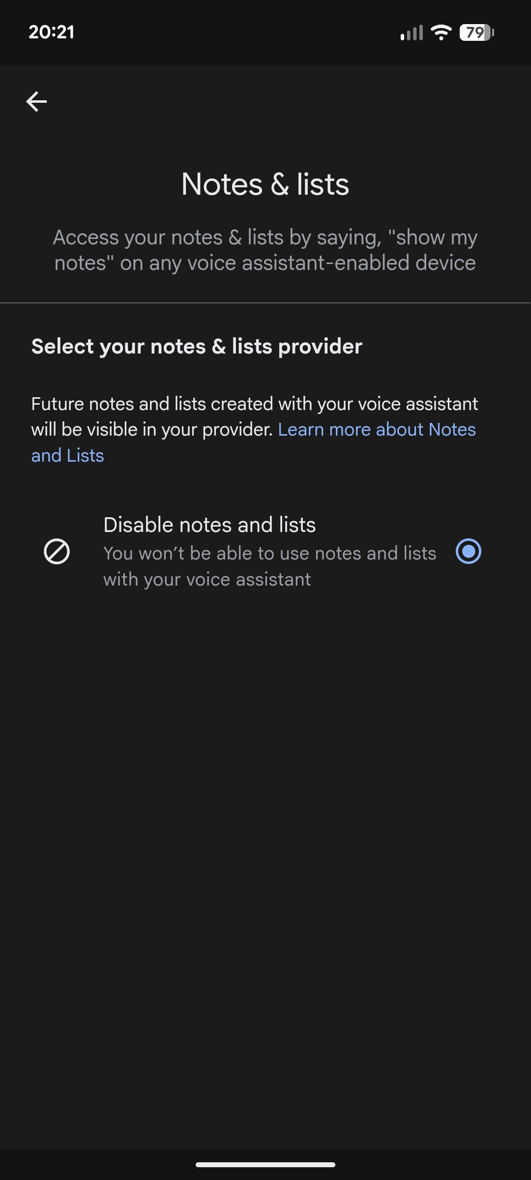 A screenshot of the Google Home app’s Notes &amp; lists page within app settings