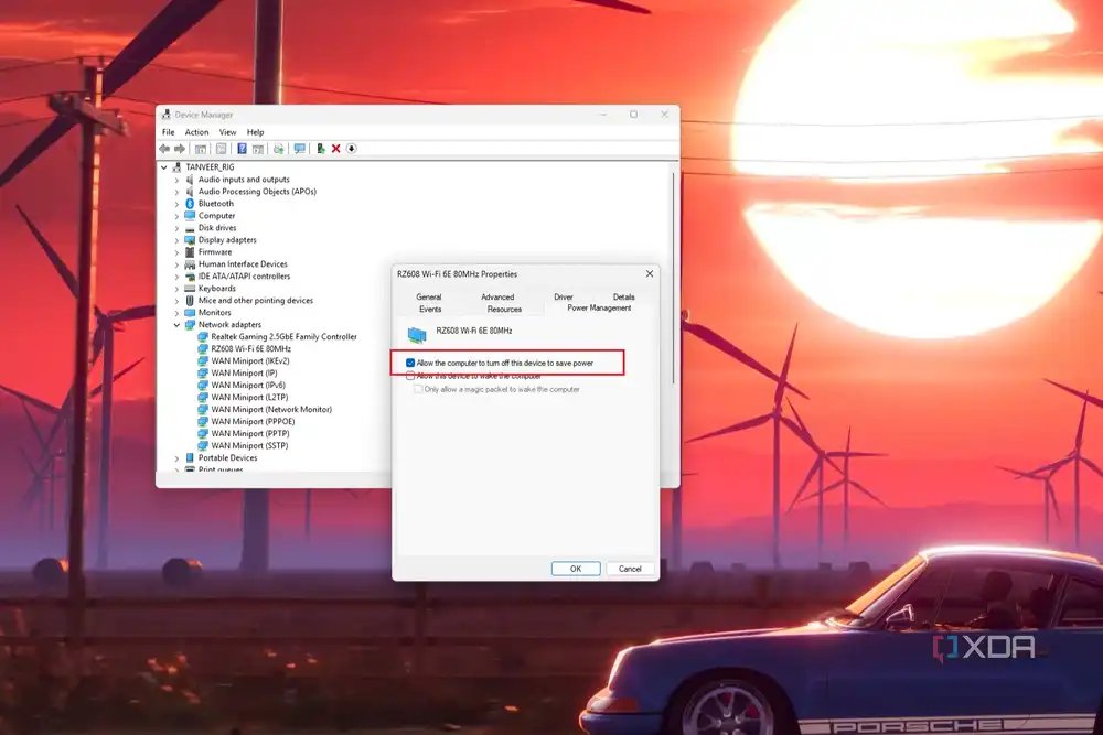 Screenshot of Windows 11 device manager showing Wi-Fi power management settings
