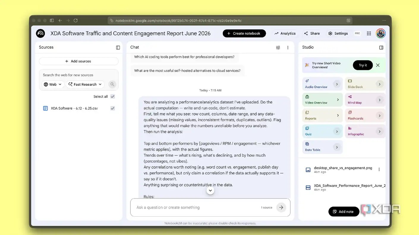 NotebookLM notebook on XDA traffic report, chat showing data-analysis prompt