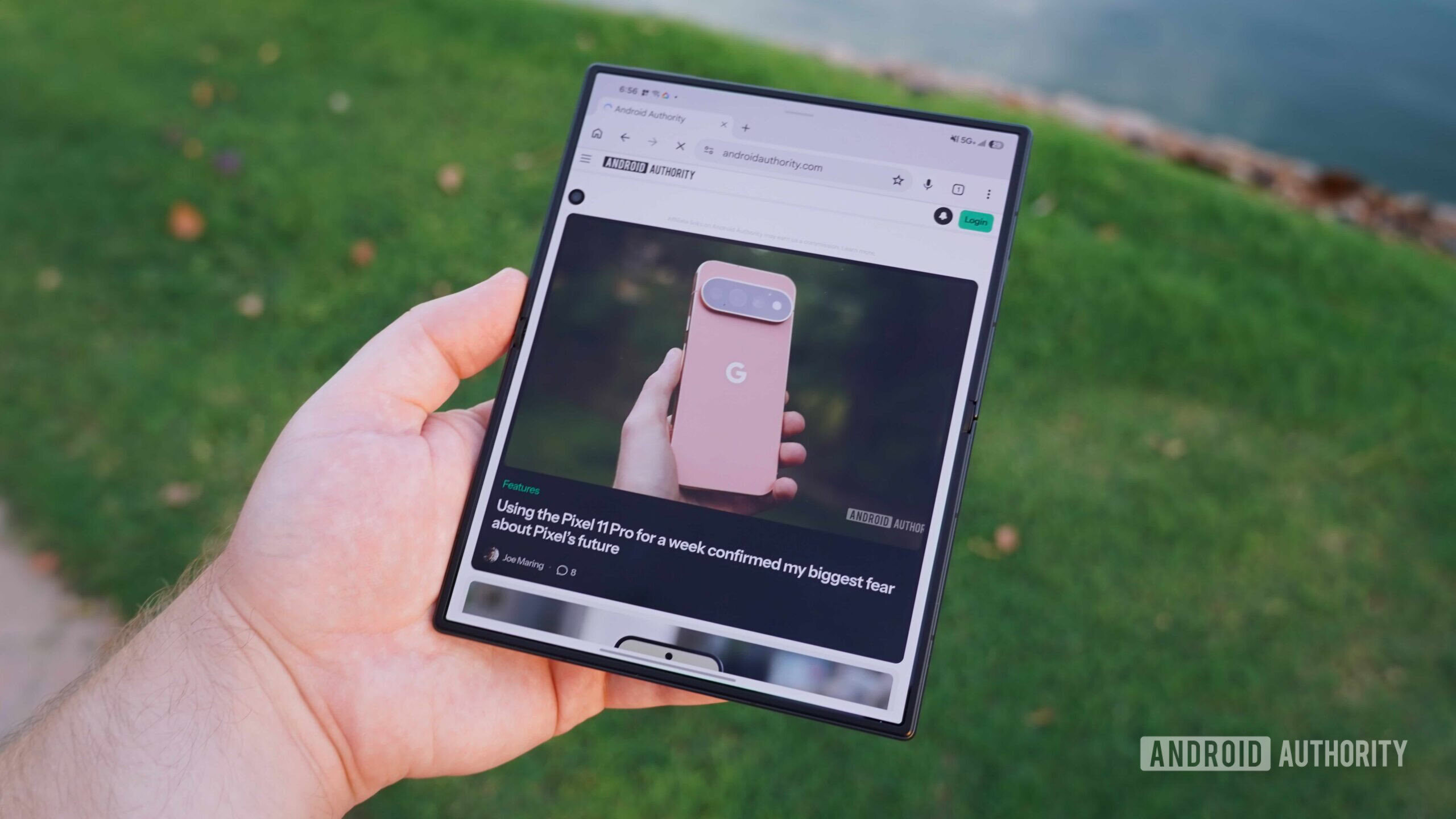 The Galaxy Z Fold 8 in portrait mode showing the Android Authority homepage.