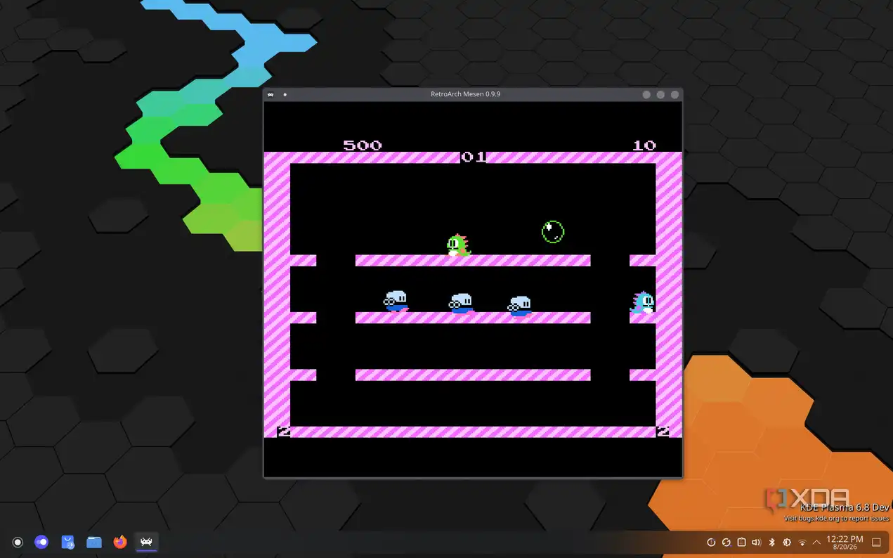 Screenshot of RetroArch running Bubble Bobble for the NES in two-player mode