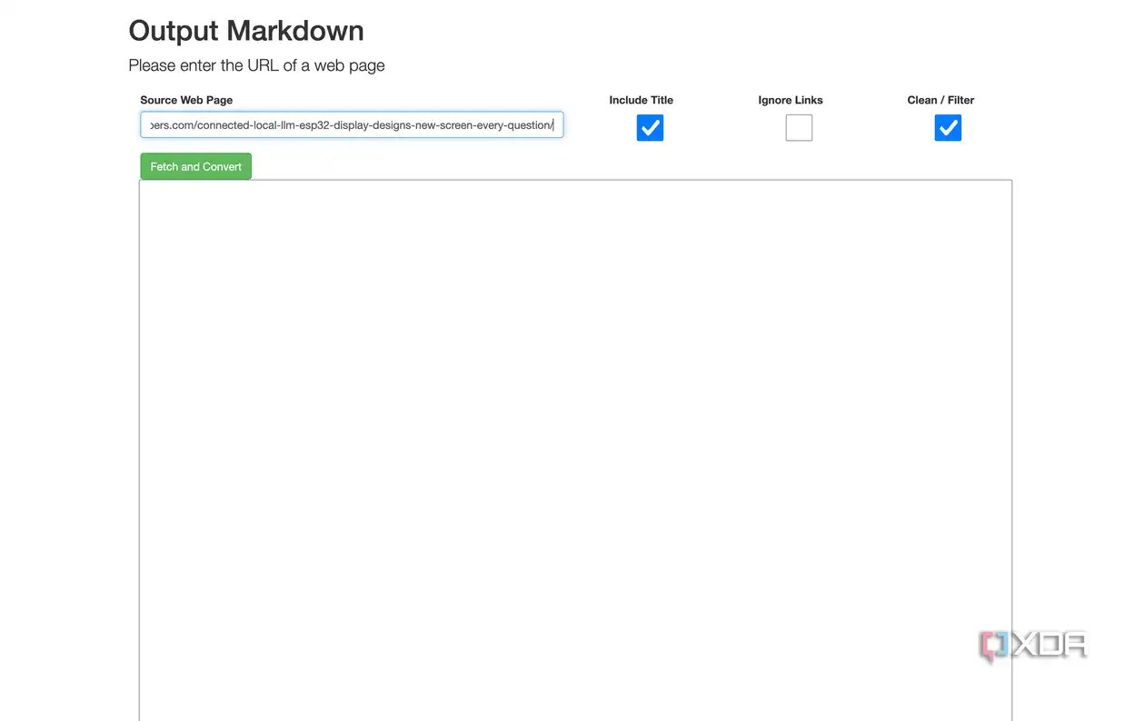 Output Markdown tool with an XDA article URL pasted into Source Web Page field