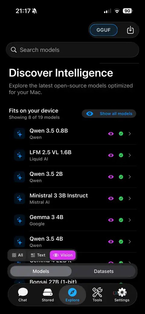 noema Discover Intelligence explore tab with GGUF models fitting on device