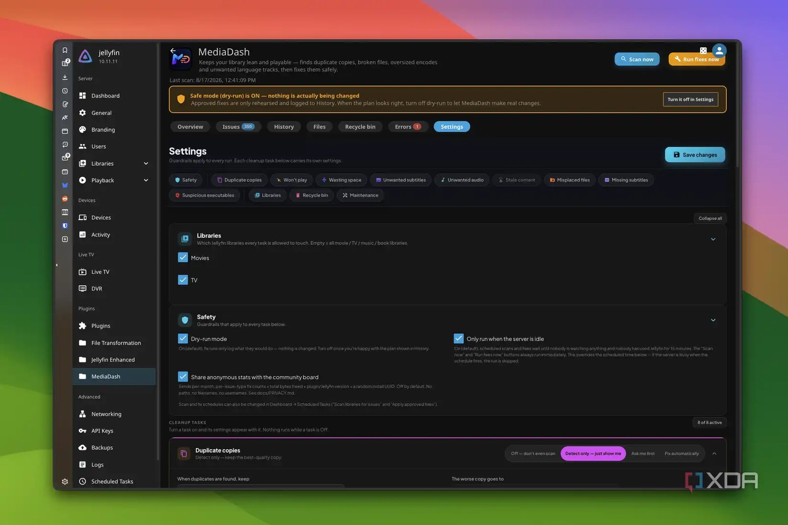 Screenshot of MediaDash settings showing information about libraries being scanned, safety settings, and more