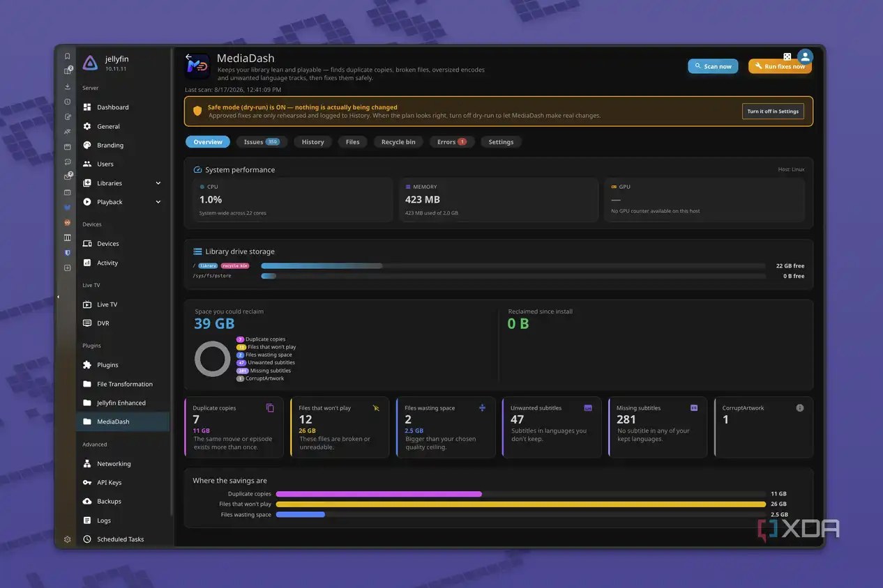 Screenshot of the MediaDash dashboard showing space thatg can be saved and errors to be fixed