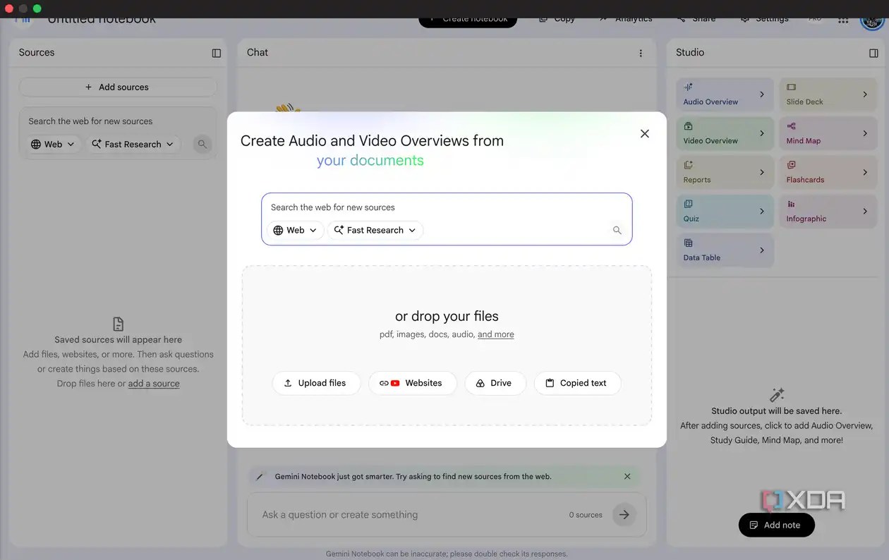 Google Gemini Notebook modal prompting to add sources (files, web, Drive) to create Audio-Video Overviews