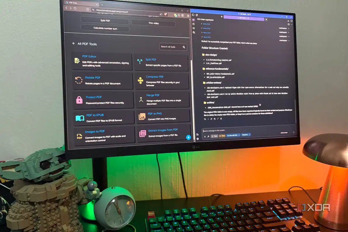 omnitools and local llm on desktop pc, lego and lamp in view