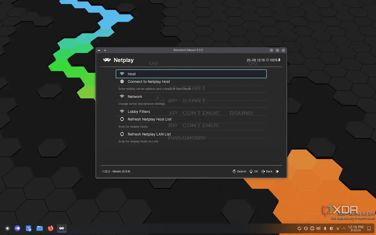 Screenshot of RetroArch showing options for using Netplay. The Host option is selected