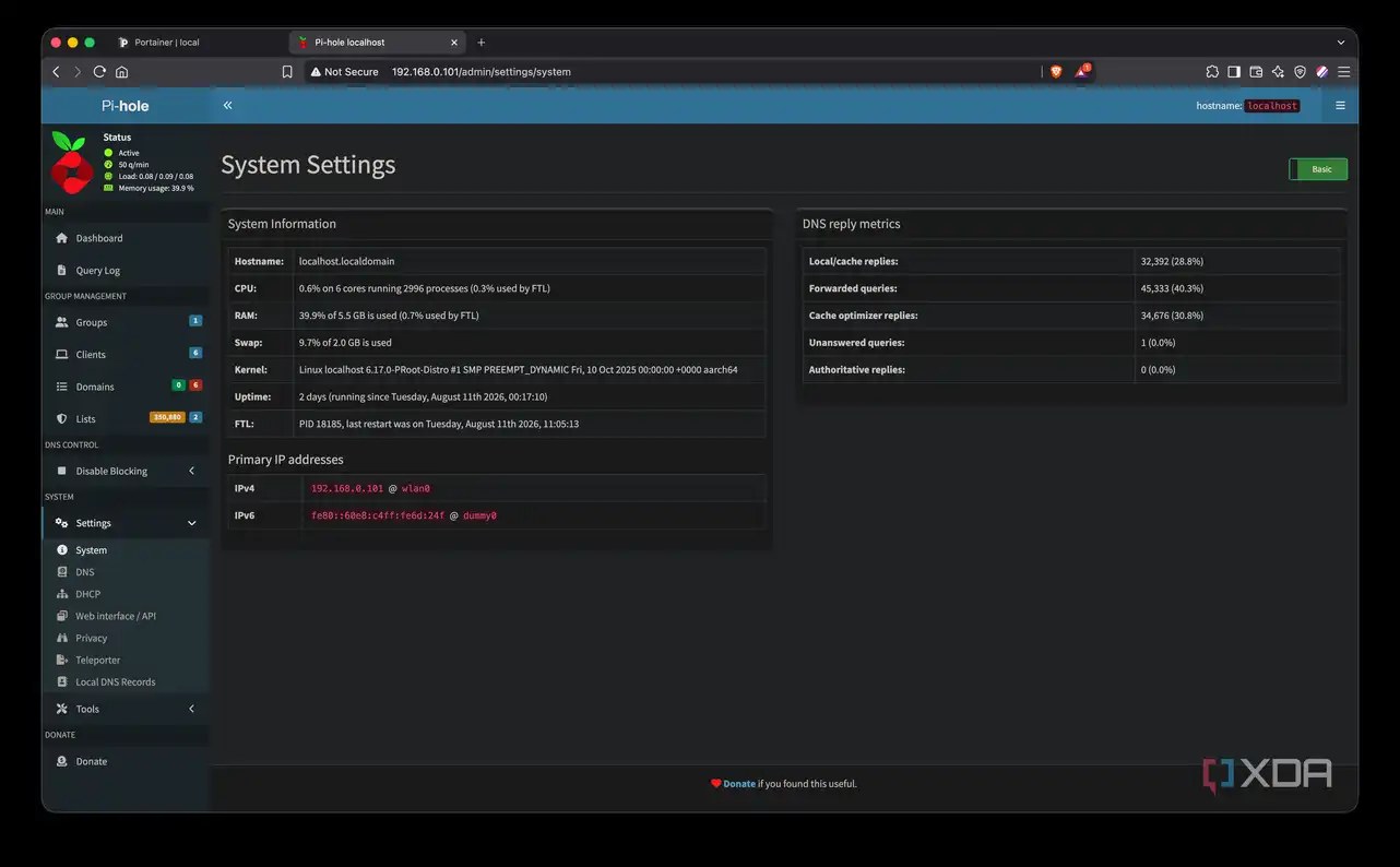 Pi-hole system stats showing uptime and resource usage on the Android phone