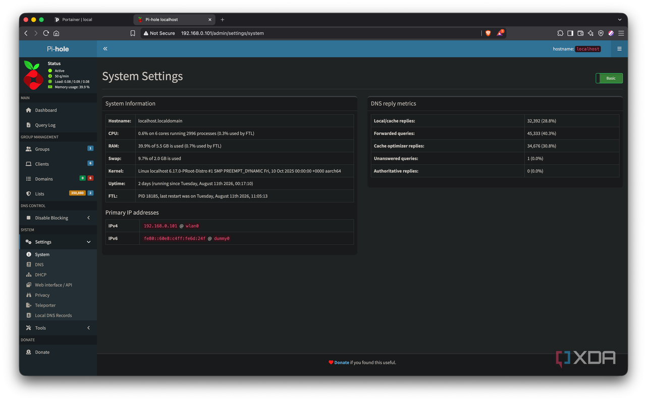 Pi-hole system stats showing uptime and resource usage on the Android phone
