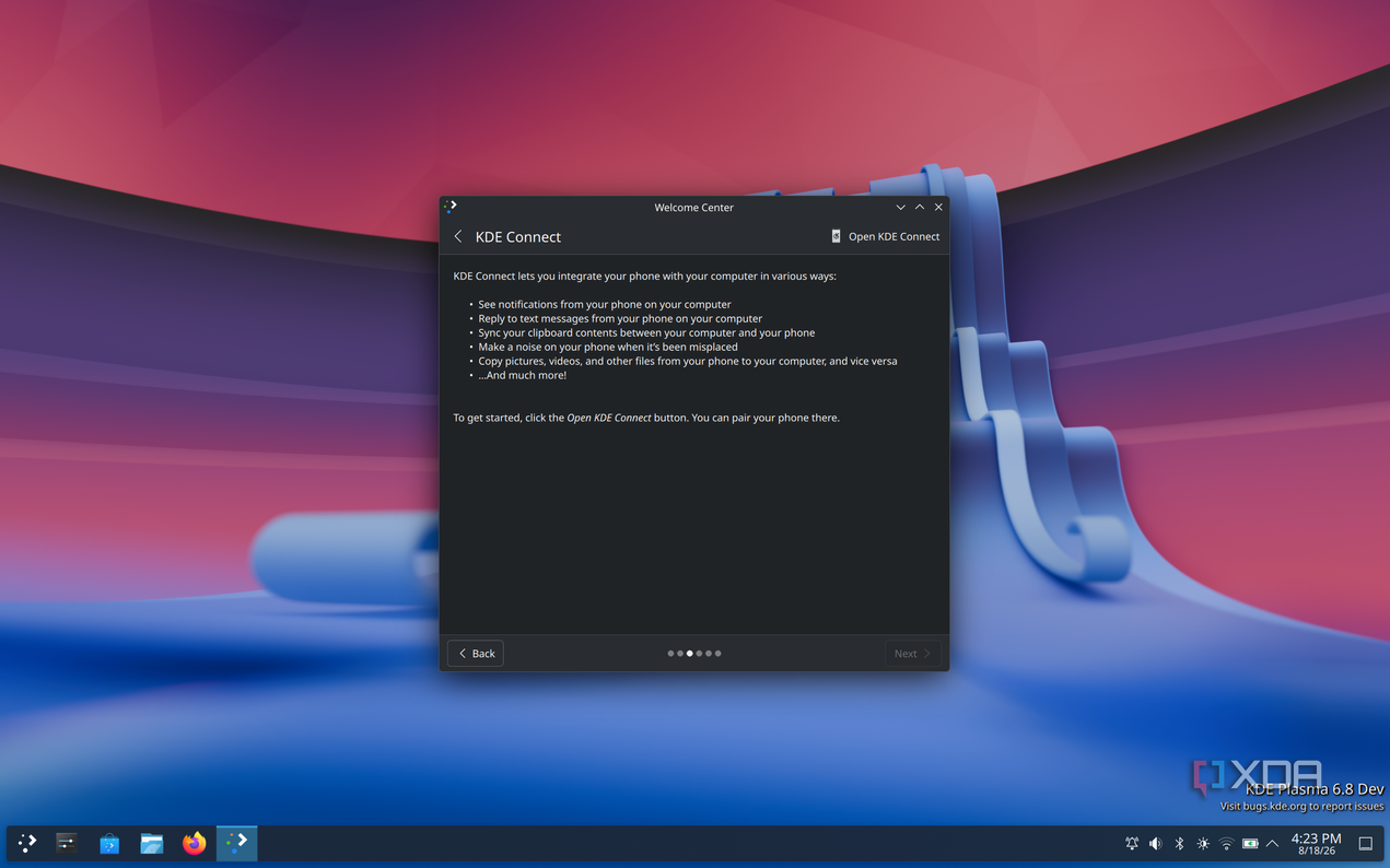 Screenshot of the KDE Linux walkthrough displaying a list of features available with the KDE Connect app