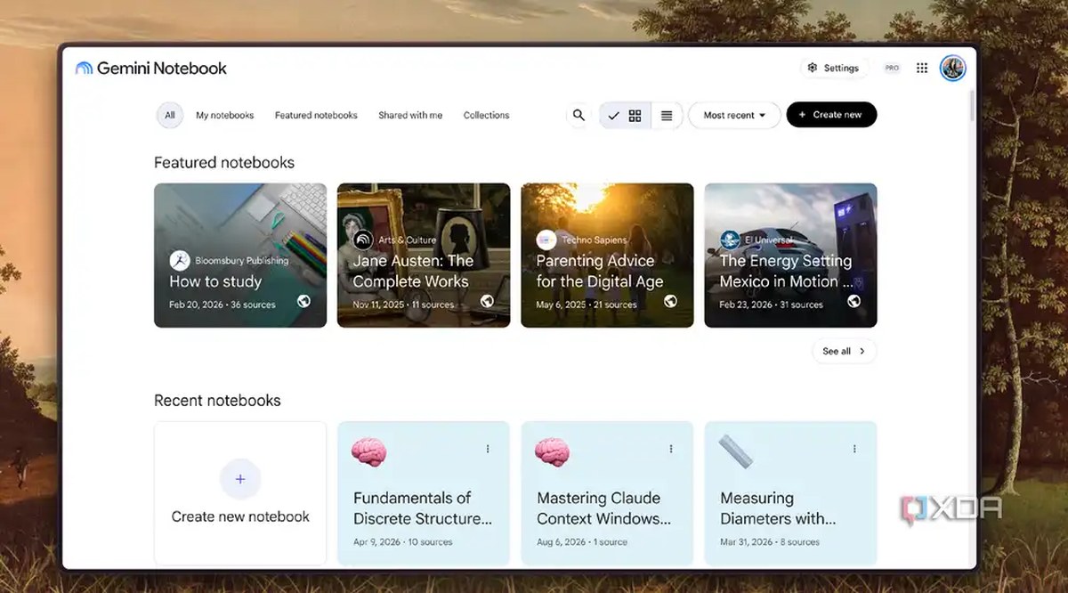 Gemini Notebook homepage showing featured notebooks and recent notebooks grid
