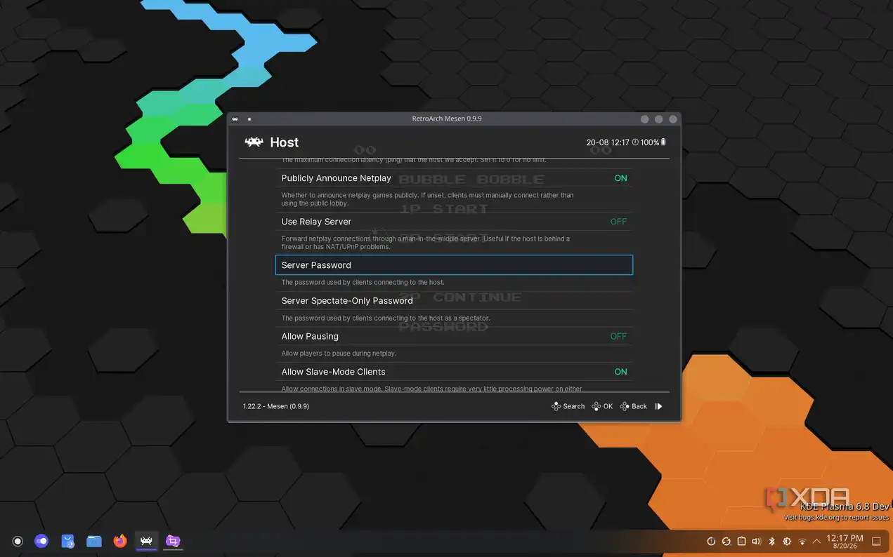 Screenshot of host setup for Netplay in RetroArch, showing the ability to set a server password