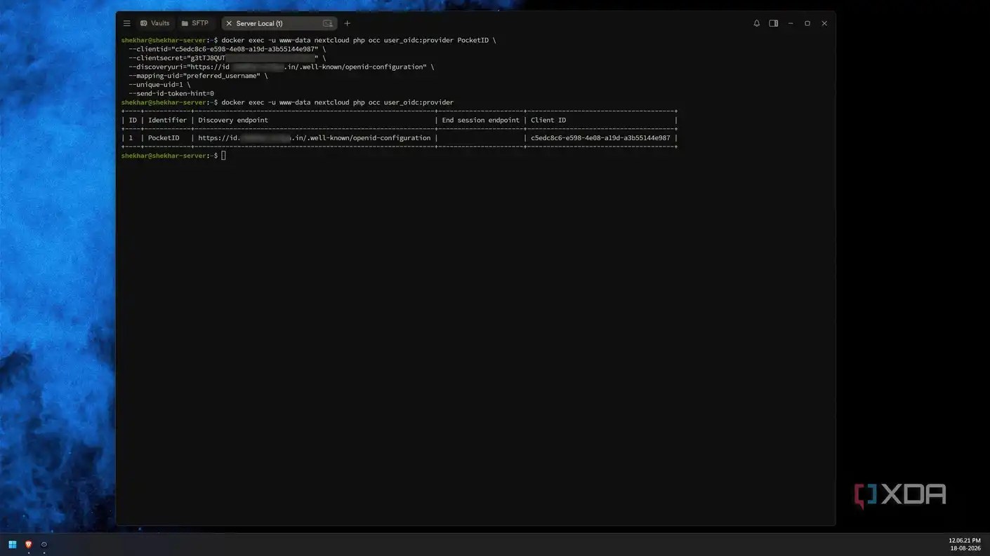 Terminal output showing the occ command used to register Pocket ID as an OIDC provider in Nextcloud
