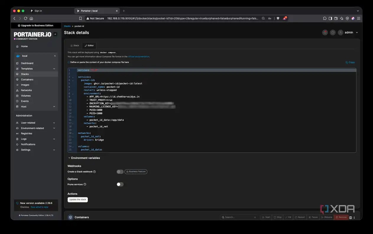 Portainer stack editor showing the Docker Compose file used to deploy Pocket ID