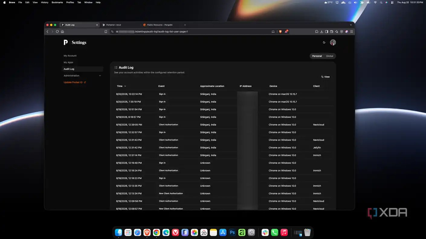 Pocket ID audit log showing client authorization events from Nextcloud, Jellyfin, and Immich with geo-tagged locations