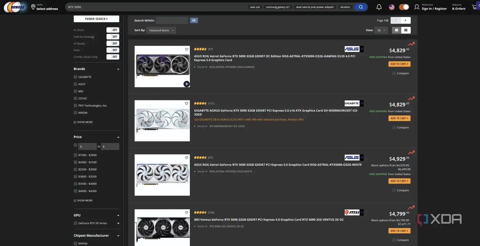 RTX 5090 Newegg prices