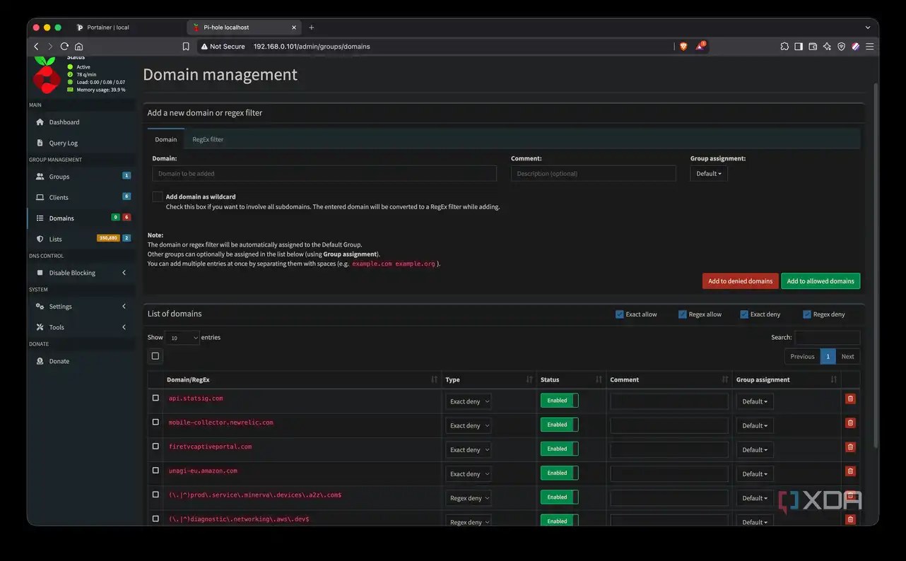 Custom domains manually blocked in Pi-hole's domain management