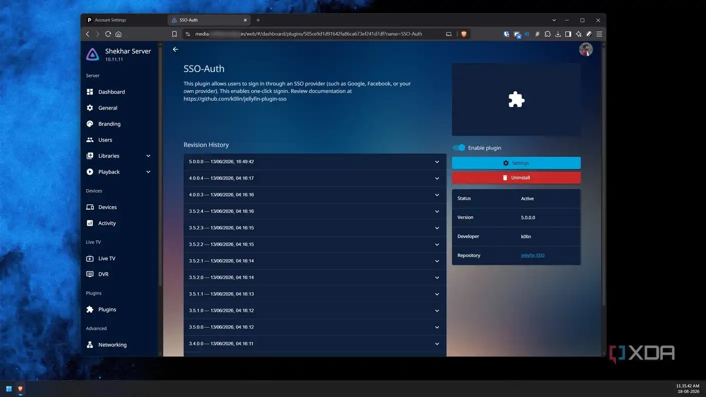 SSO-Auth plugin page in Jellyfin showing it active and enabled