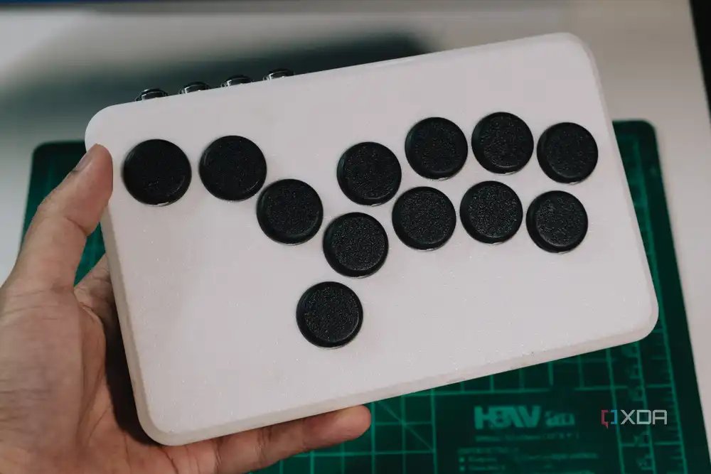 Fully assembled 3D printed leverless fightstick on hand