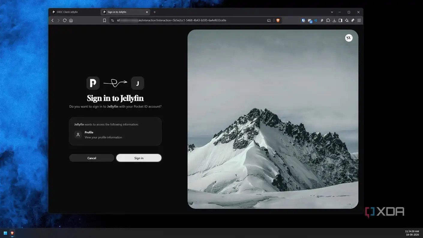 Pocket ID consent screen asking to confirm sign-in to Jellyfin with profile access