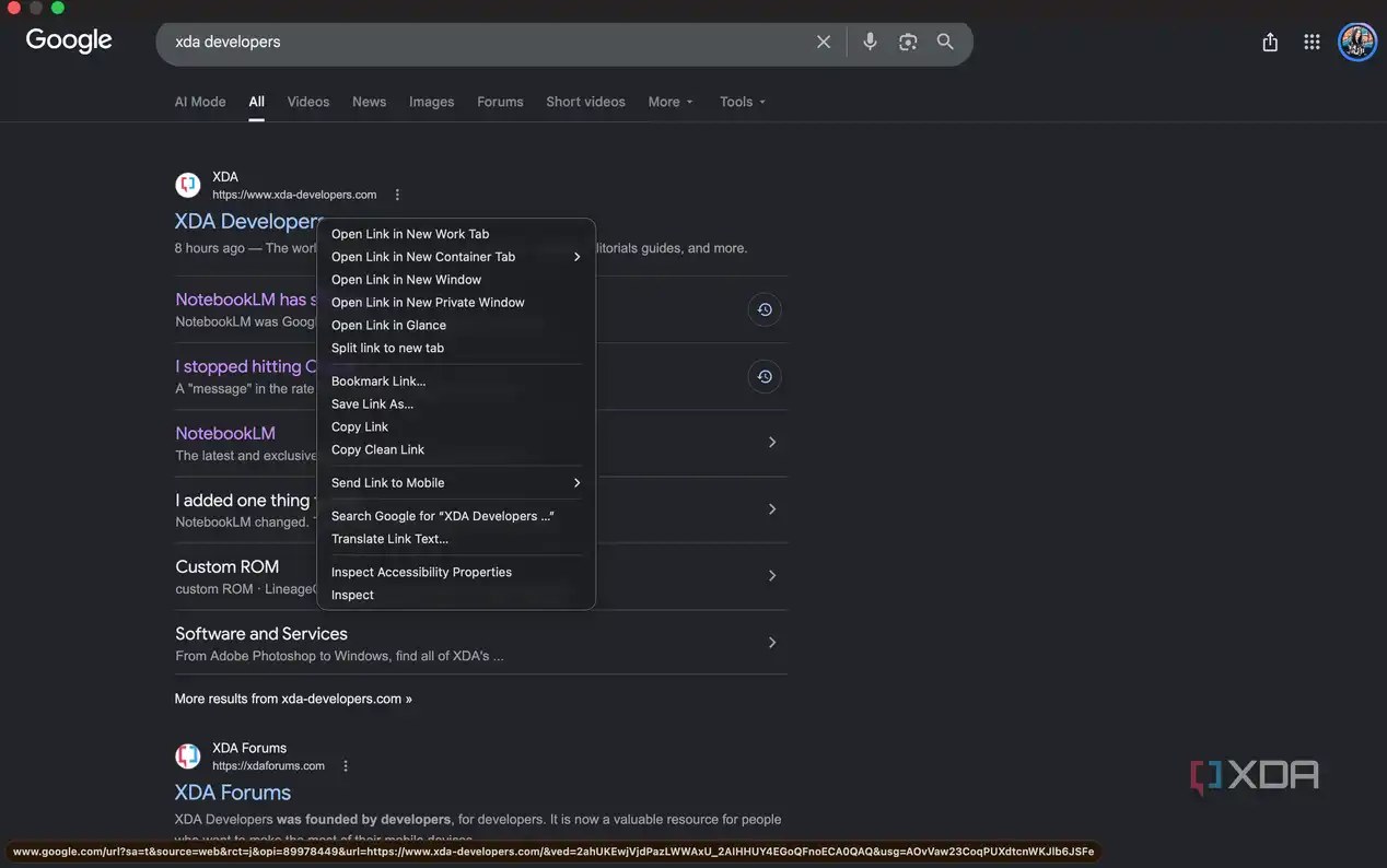 Right-click context menu on a Google search result link