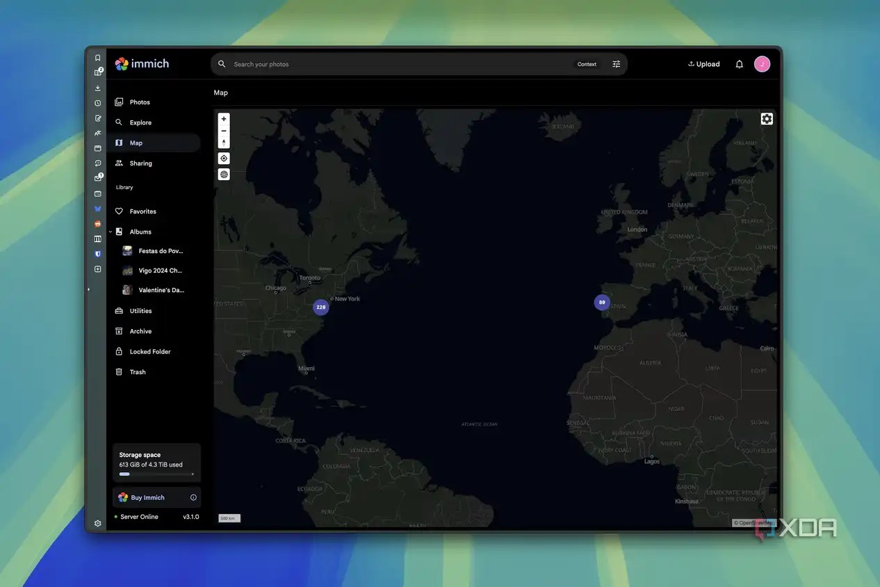 Screenshot of the map page in Immich, shoiwing 220 photos taken in the United States and 80 taken in Portugal