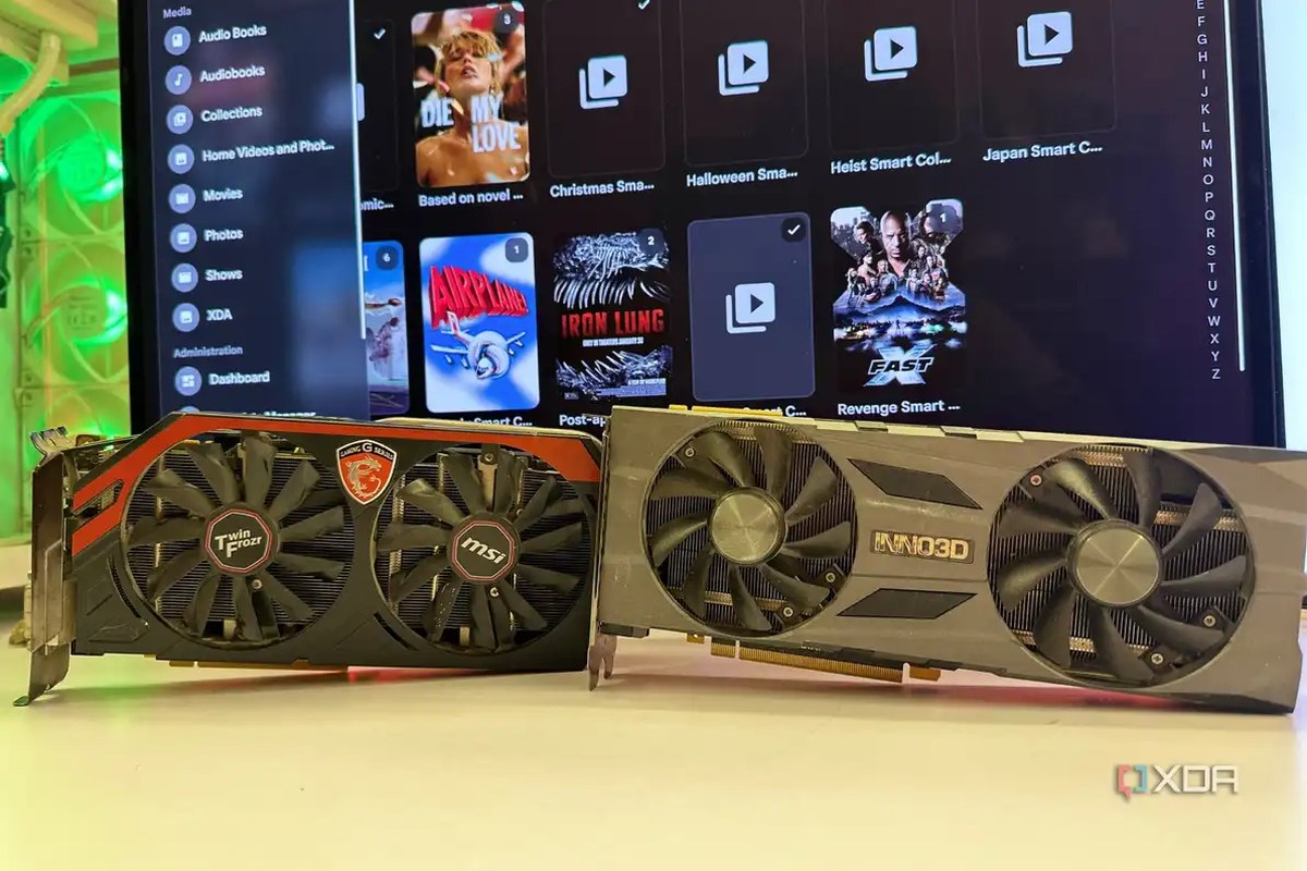 Nvidia GTX 760 and Nvidia RTX 2070 Super next to a Jellyfin host server.