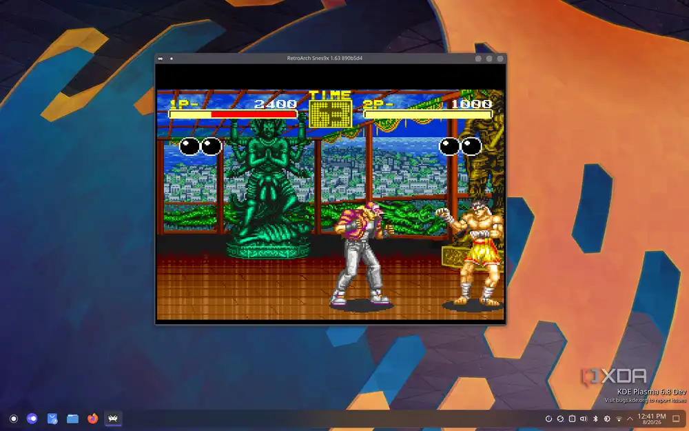Screenshot of RetroArch on Linux running King of Fighters to play a two-player match