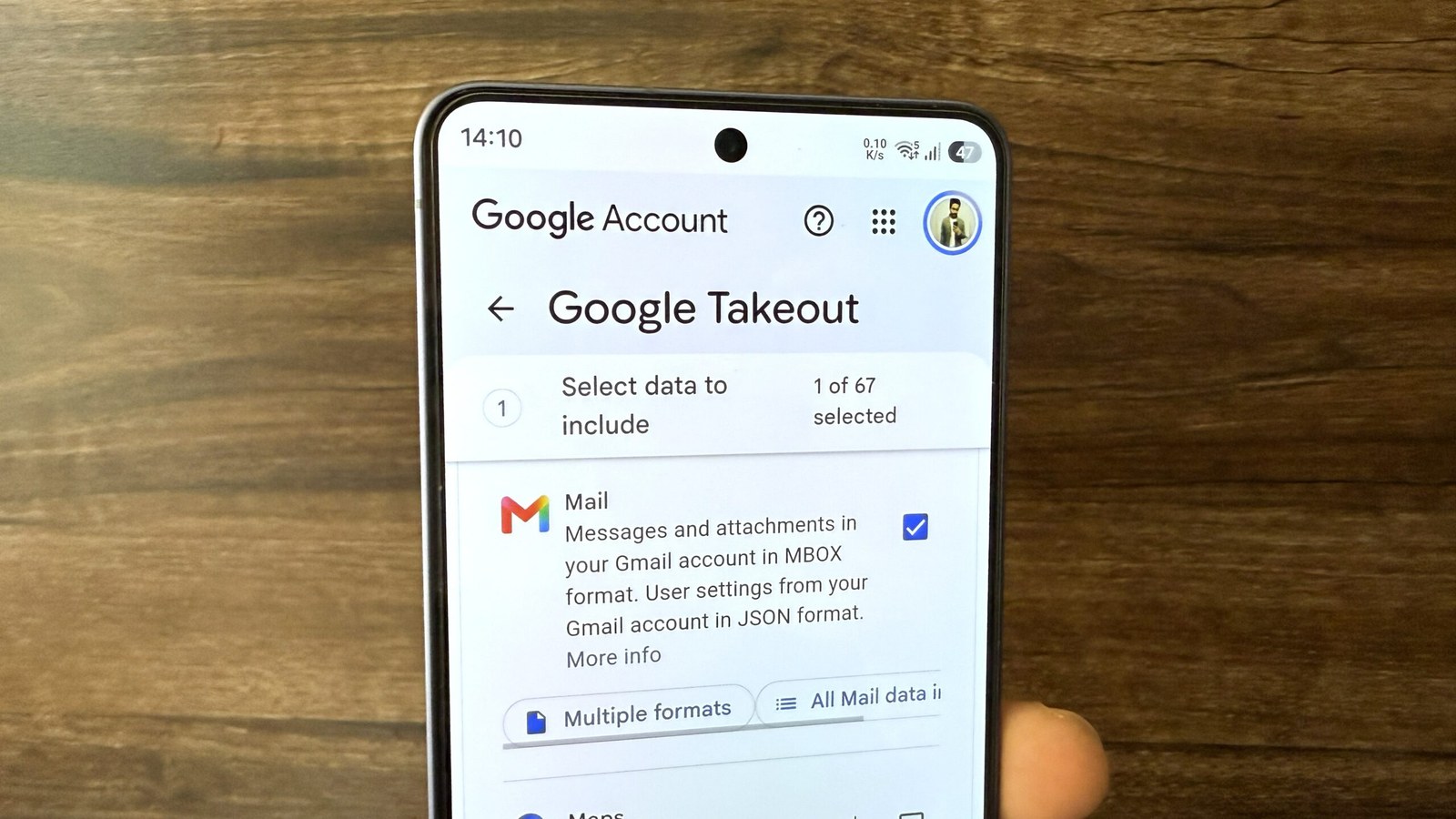 Google takeout on phone showing Gmail data