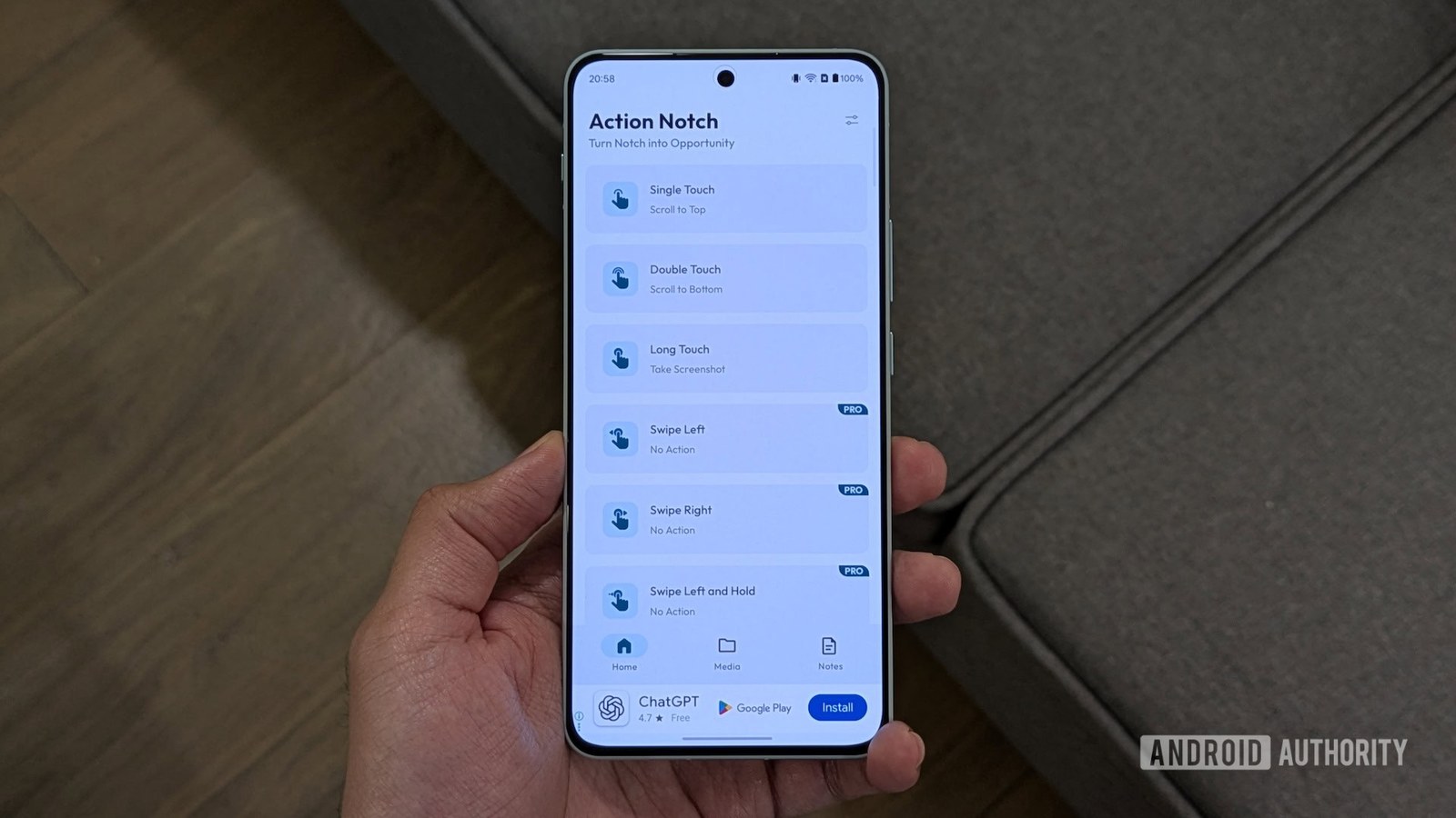 Action Notch app Home tab.