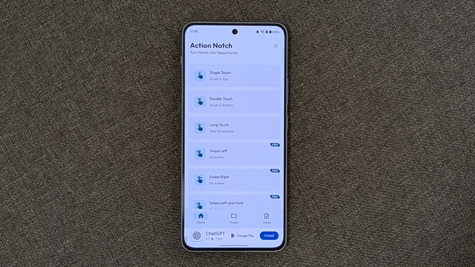 Action Notch with three configured gestures.