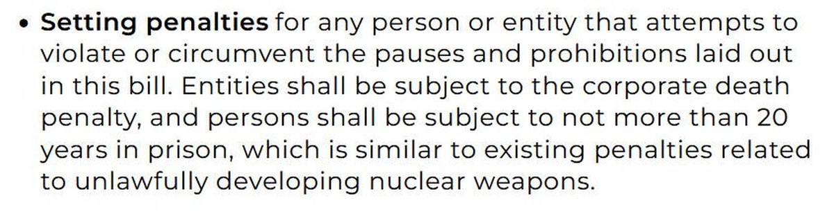 Ban Artificial Superintelligence Act wording on penalties
