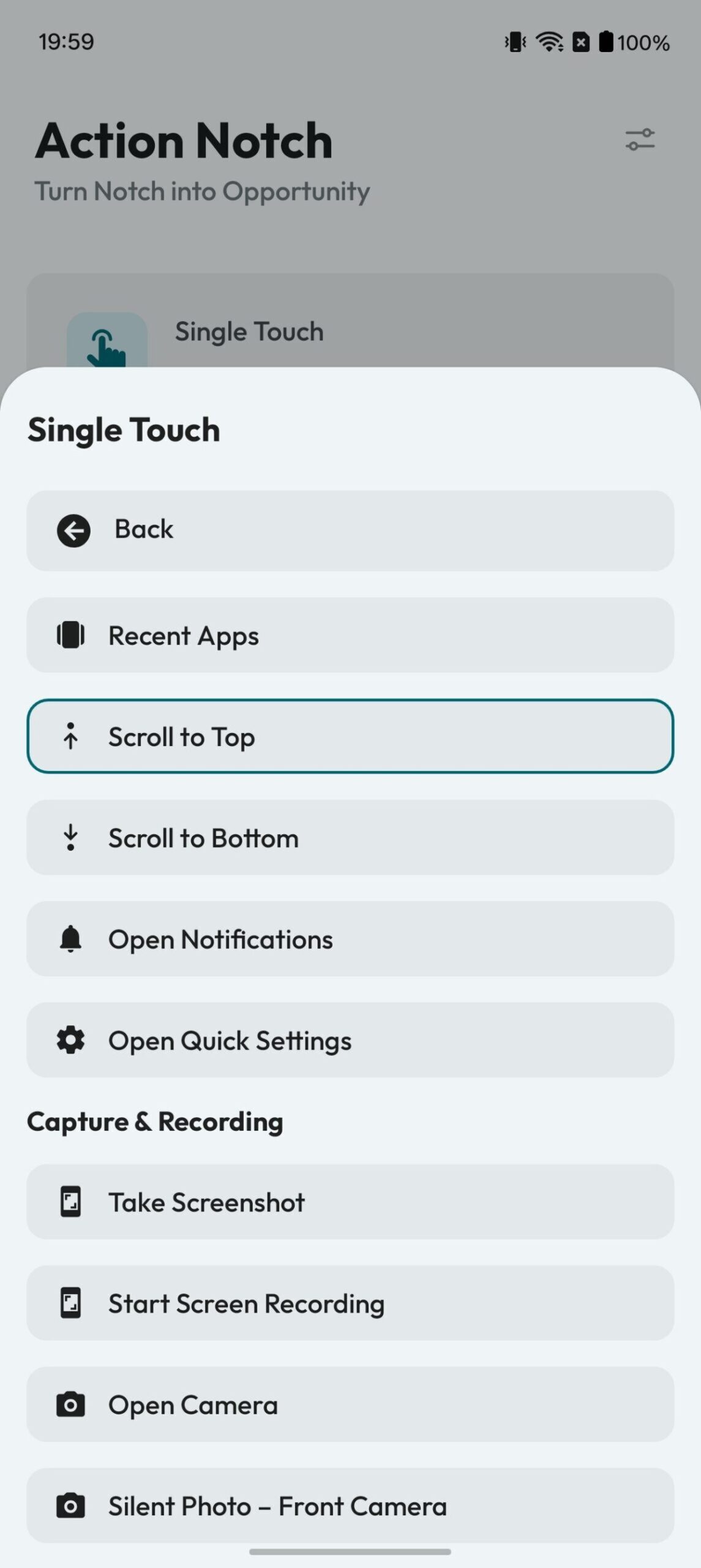 Selecting an action for the Single Touch gesture in Action Notch.